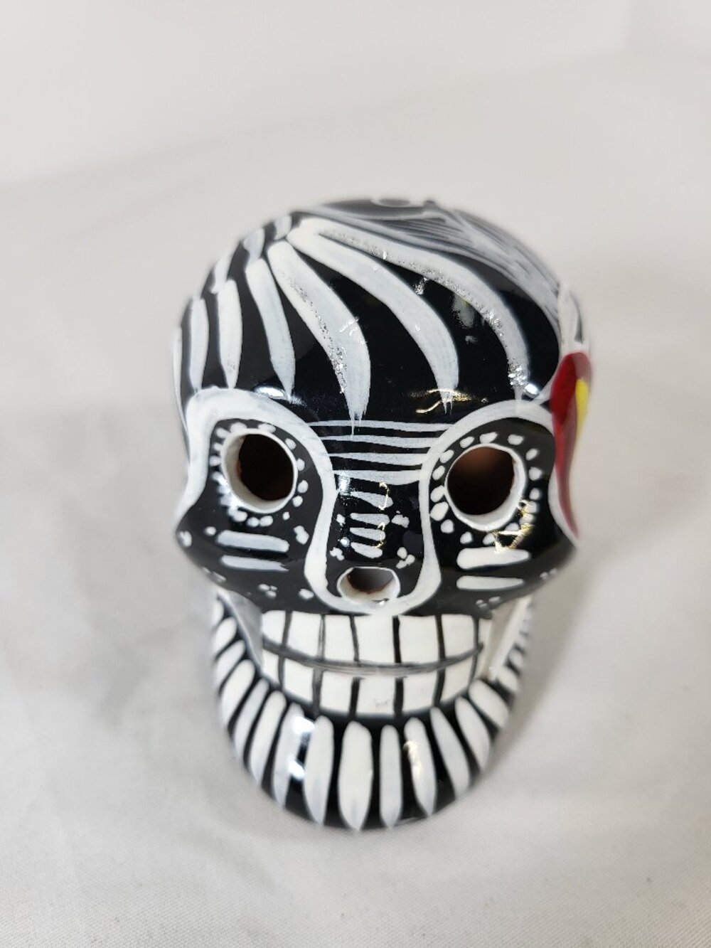 Hand Painted Mexican Ceramic Sugar Skull - Black and White Day of the Dead Art